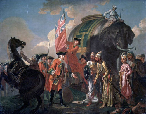Francis Hayman's painting of Robert Clive and Mir Jafar after the Battle of Plassey (1757), from the National Portrait Gallery, London.